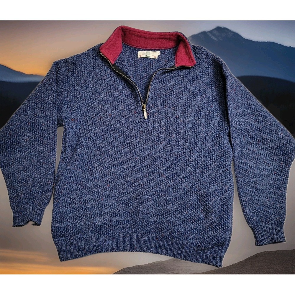 🐑Vintage 90s ORVIS Tweed Wool 1/4 Zip Sweater Men's L Blue Confetti Fleck USA